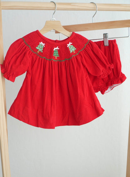Hand Smocked Christmas Tree Corduroy Diaper Set