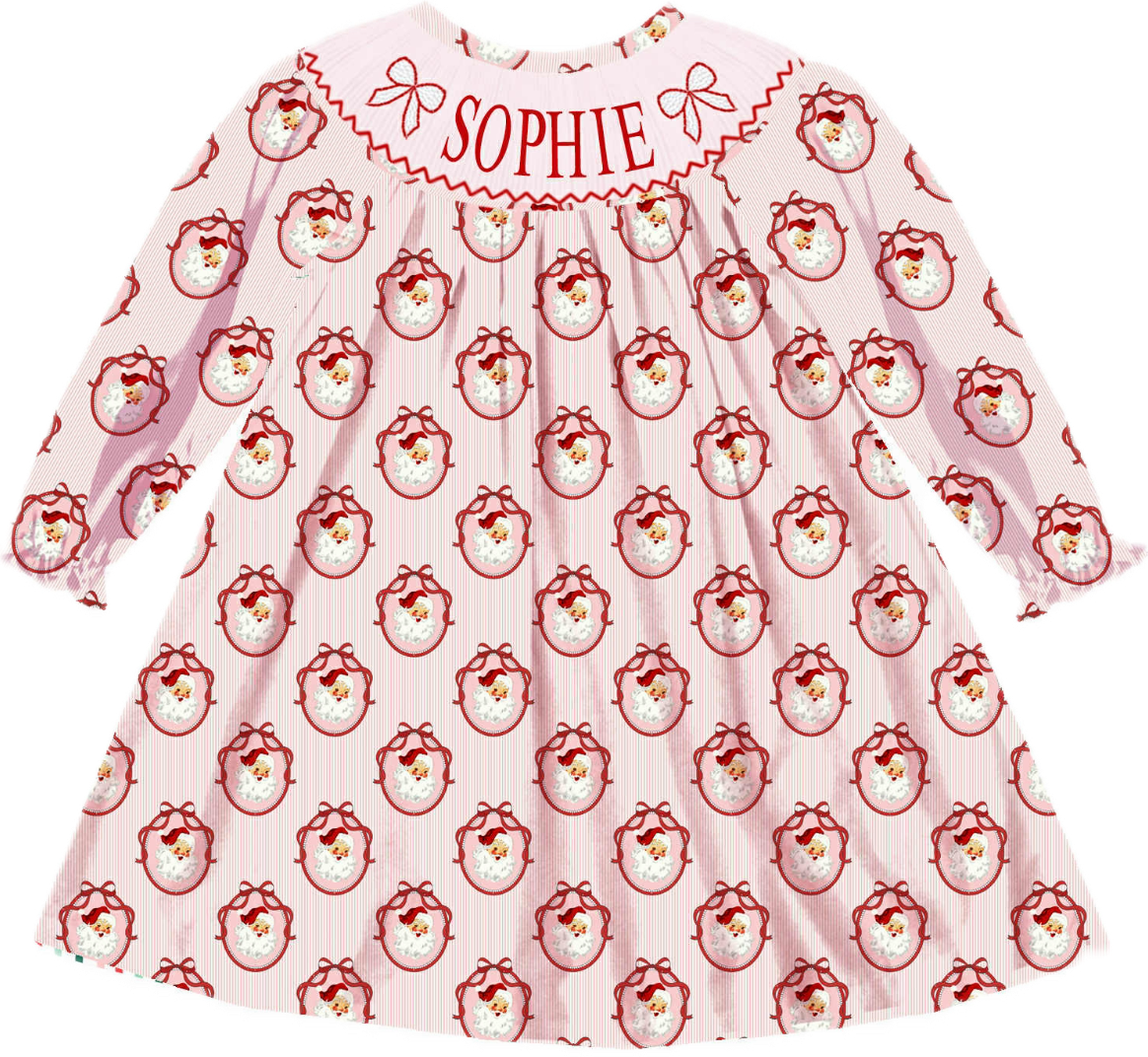 Preorder - Pink Santa Custom Name with Pearls + Dolly Match / Ships early Oct