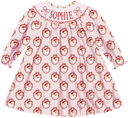 Preorder - Pink Santa Custom Name with Pearls + Dolly Match / Ships early Oct