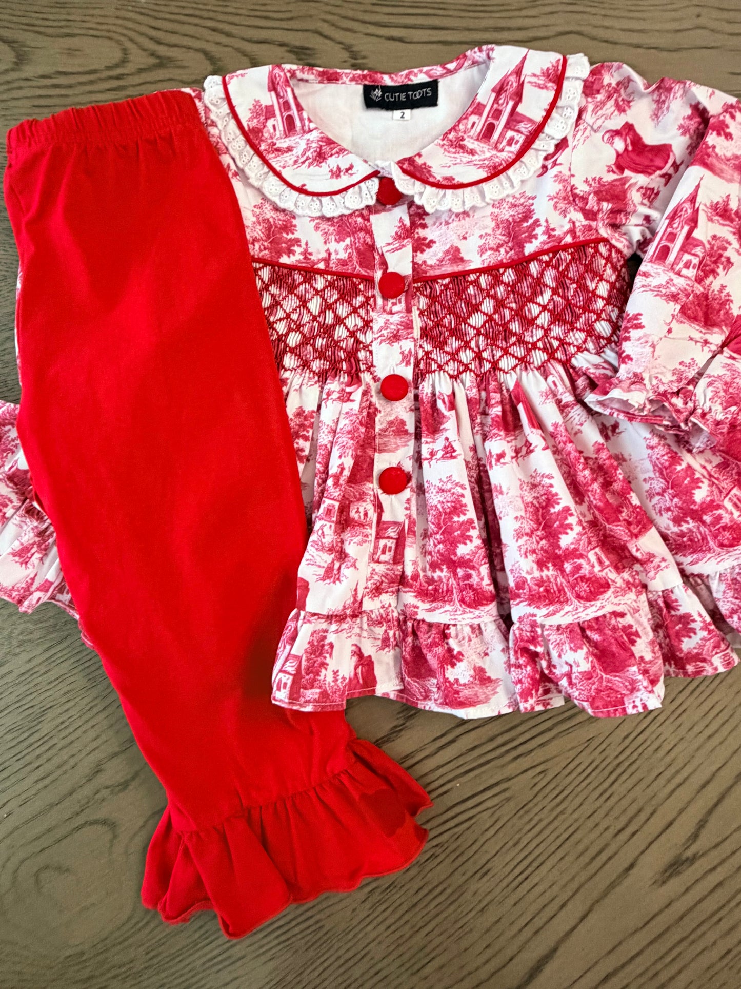 Hand Smocked Red Christmas Toile Pant Set