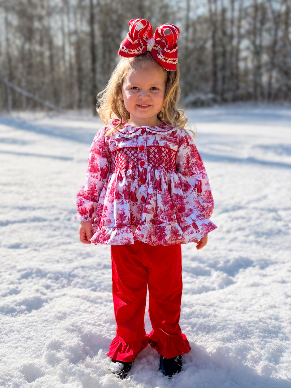 Hand Smocked Red Christmas Toile Pant Set