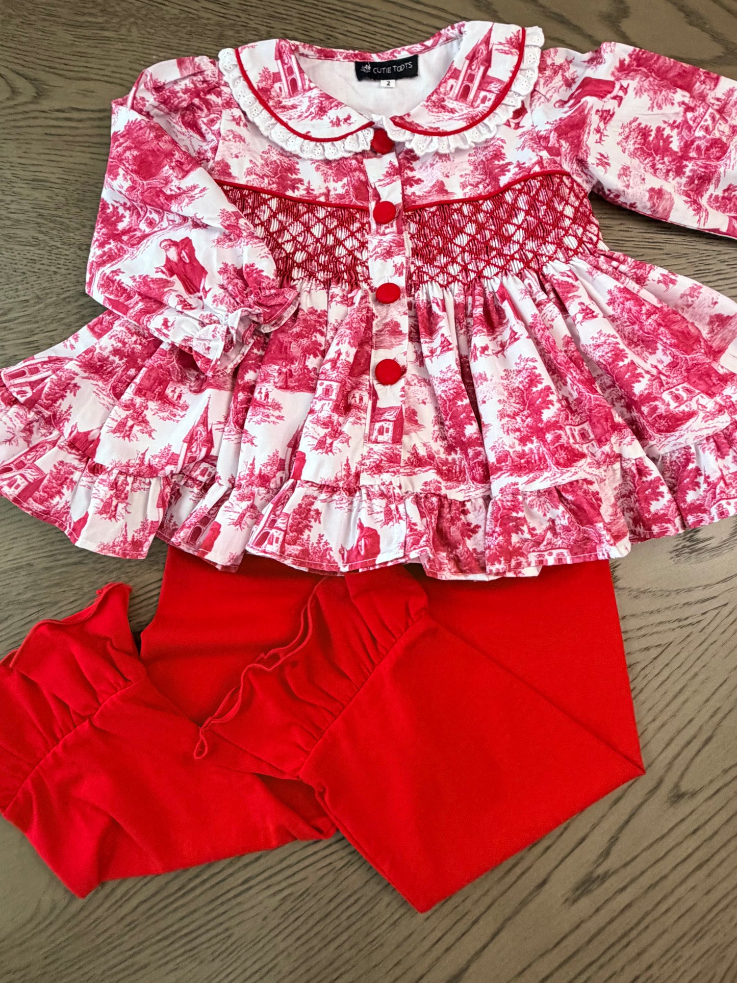 Hand Smocked Red Christmas Toile Pant Set