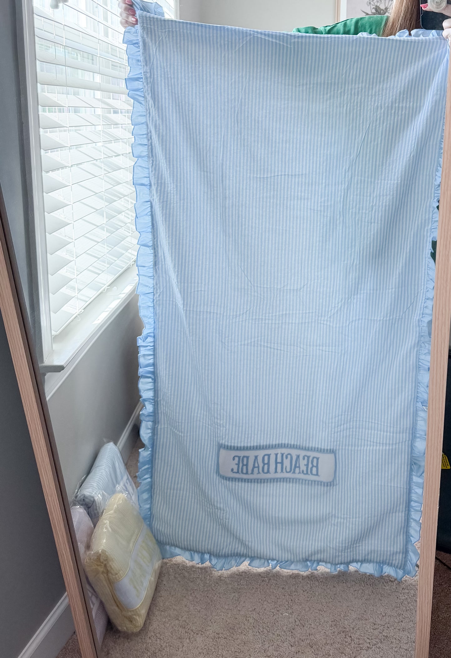 BLUE seersucker BEACH BABE smocked towel with ruffles