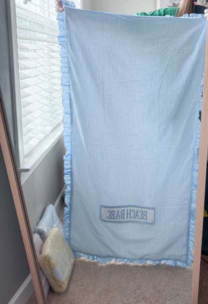 BLUE seersucker BEACH BABE smocked towel with ruffles
