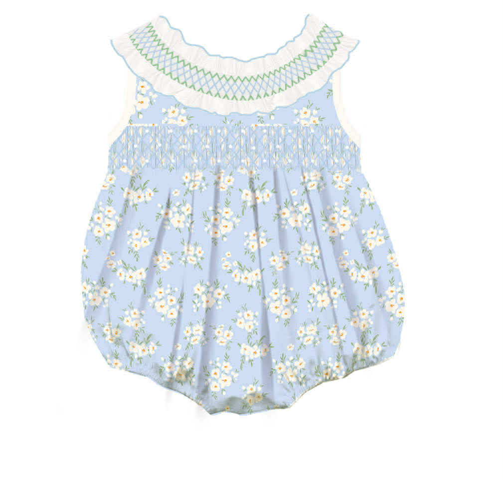 Blue Floral Hand Smocked Bubble with pearls