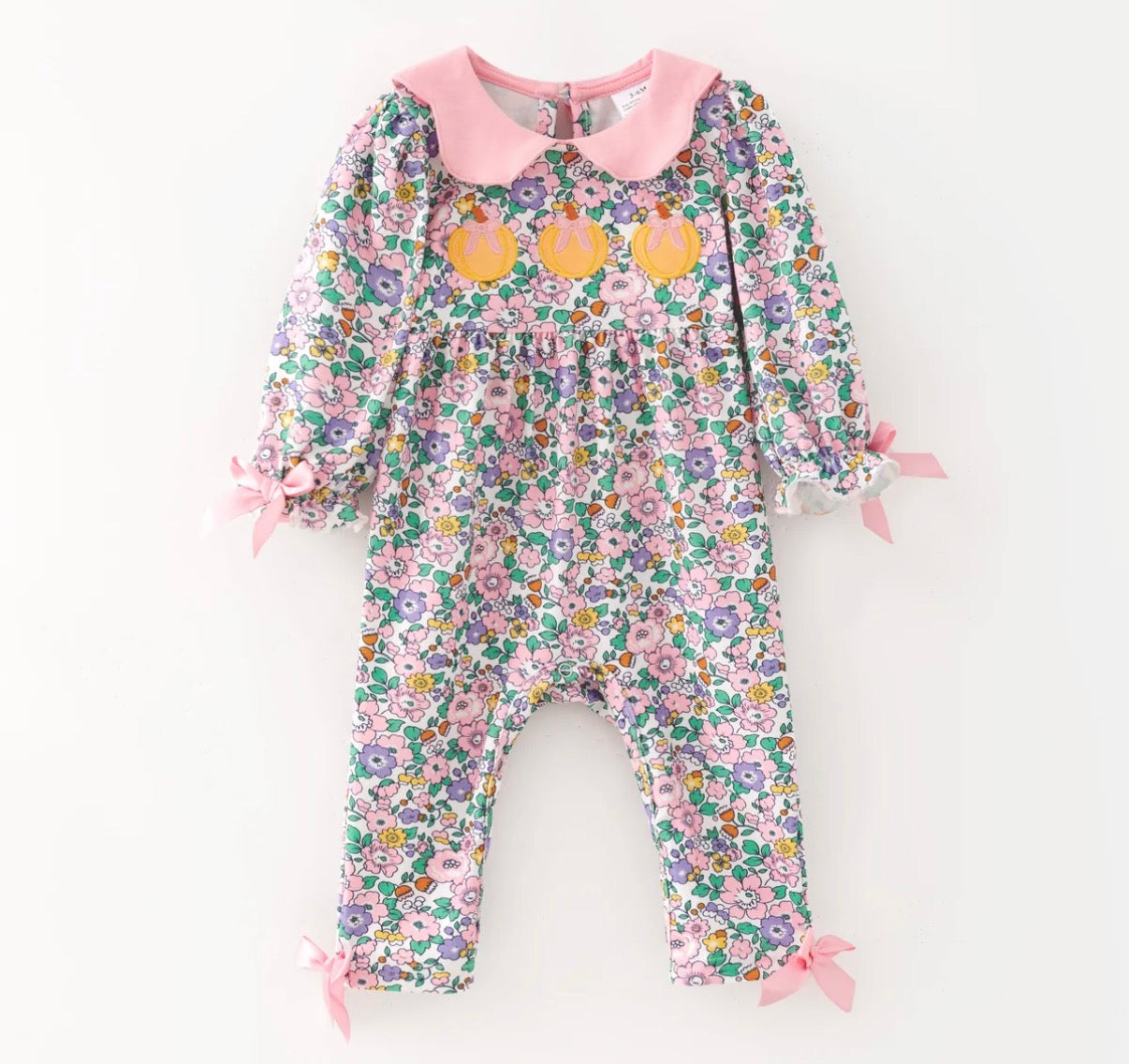 Fall floral appliqué pumpkin pant romper