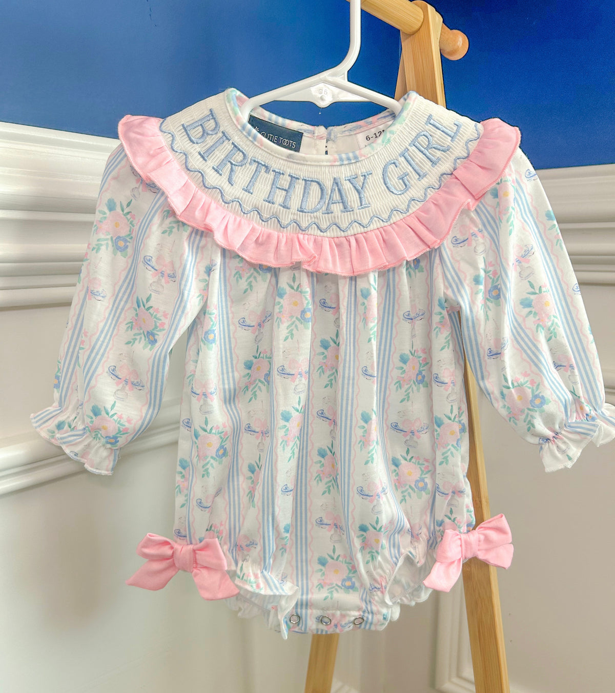 Machine Smocked Pink/Blue BIRTHDAY GIRL bubble - long Sleeve