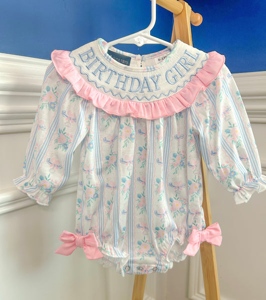Machine Smocked Pink/Blue BIRTHDAY GIRL bubble - long Sleeve