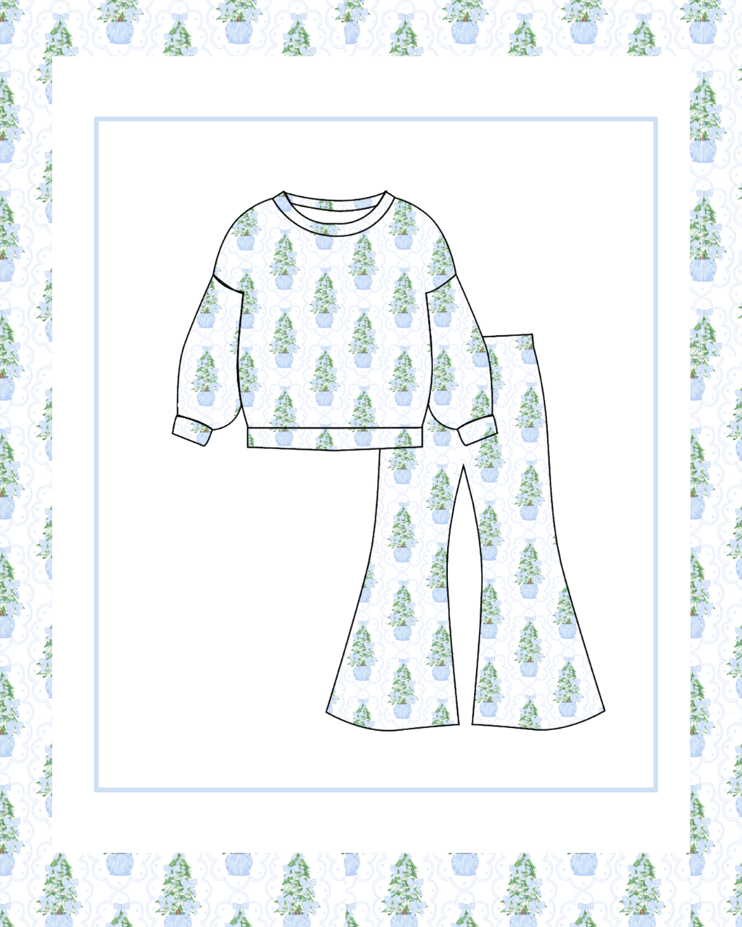 Preorder / Blue Christmas Trees Flare Pant Set - Ships late October