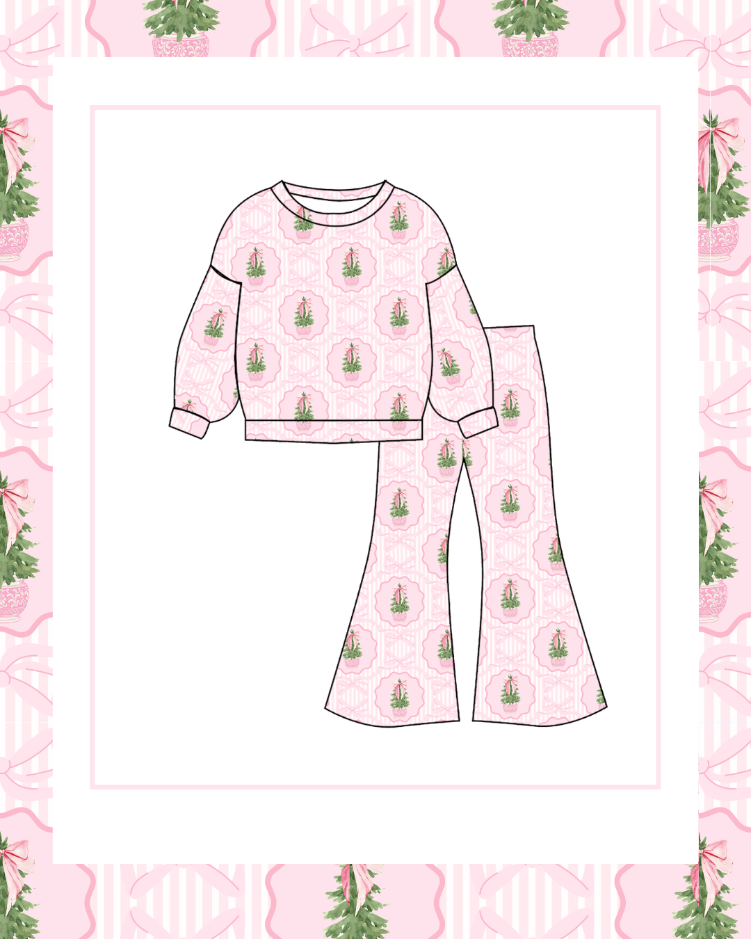 Preorder / Pink Christmas Trees Flare Pant Set - Ships late October