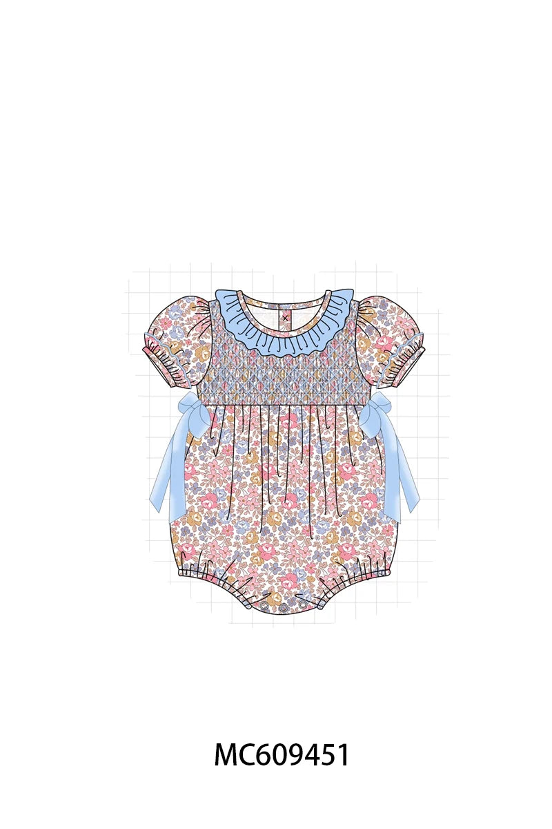 Preorder - Blue Floral Smocked Bubble / Ships early April