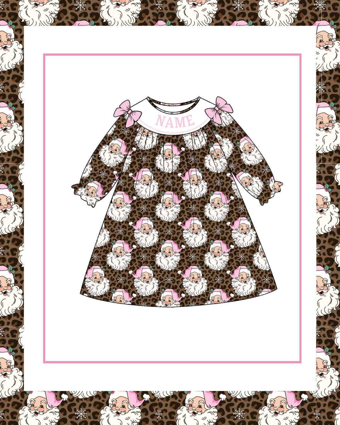 Preorder / Classic Leopard Pink Santa Long Sleeve Dress - Ships late October