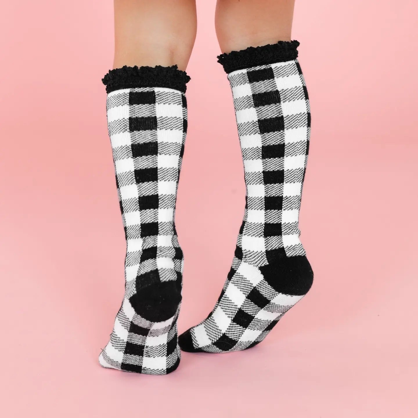 Buffalo Plaid Lace Top Knee High Socks