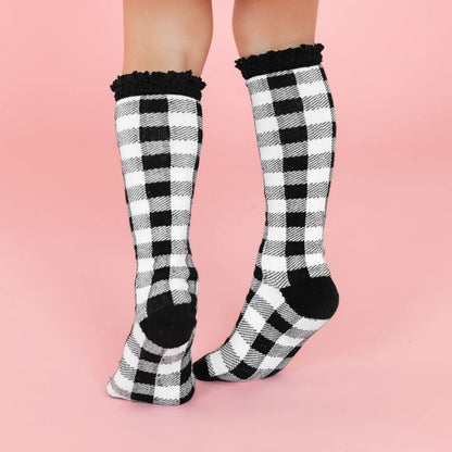Buffalo Plaid Lace Top Knee High Socks