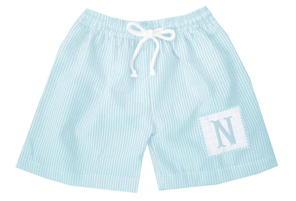Preorder - Hand Smocked Seersucker Swim Trunks (Ships from CT to customers early March)