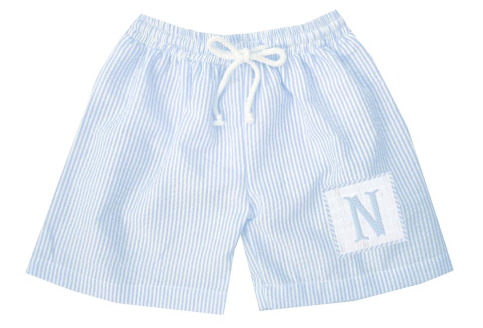Preorder - Hand Smocked Seersucker Swim Trunks (Ships from CT to customers early March)