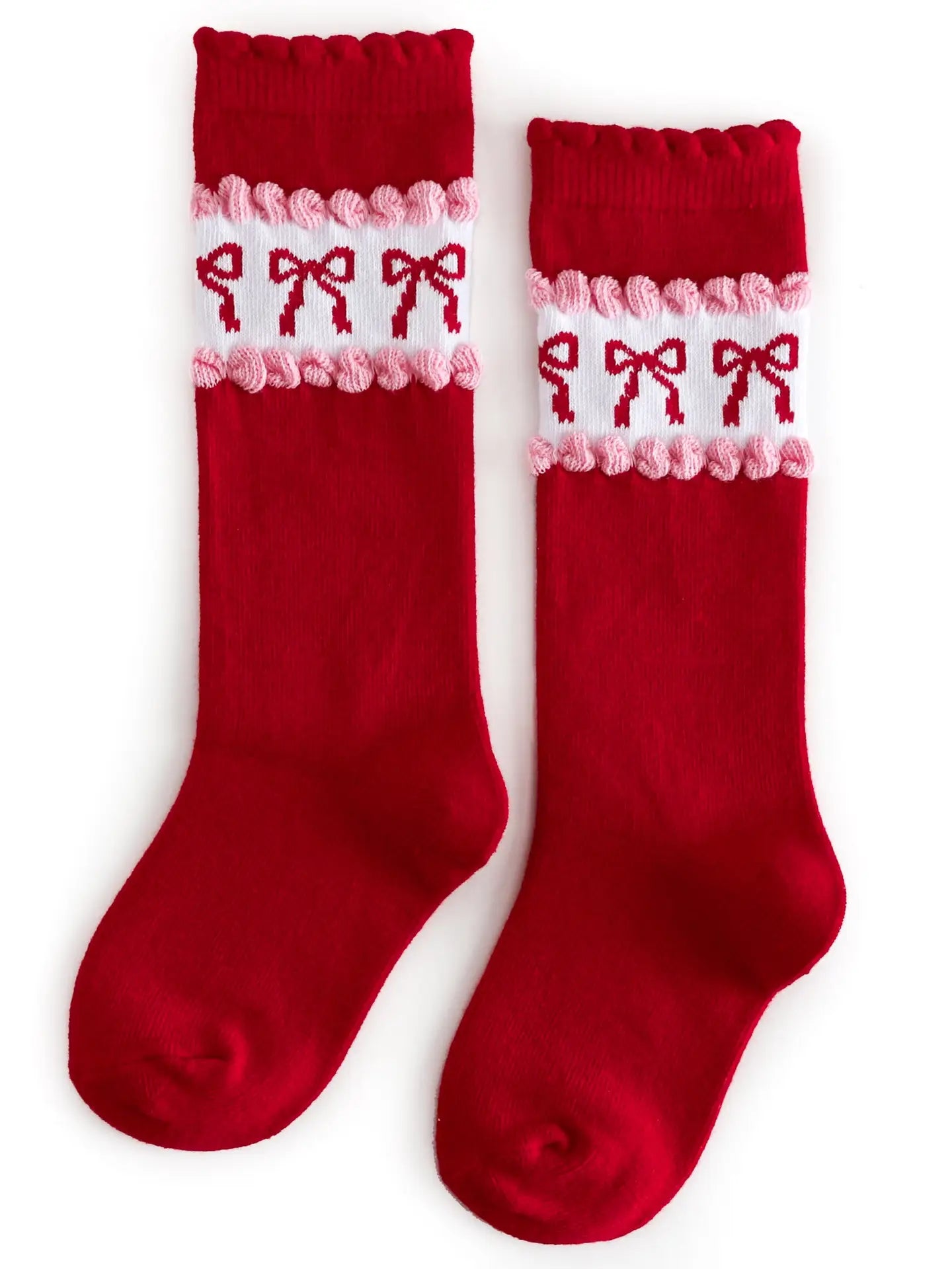 Red & Pink Bow Scalloped Knee High Socks