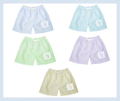 Preorder - Hand Smocked Seersucker Swim Trunks (Ships from CT to customers early March)